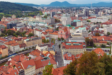 Fototapeta na wymiar Ljublana, Slovenia - September 3, 2014. View from the hill of the old city center.