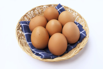 Closeup Fresh eggs in the basket on white background