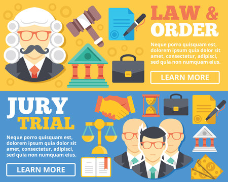 Law & order, trial by jury flat illustration concepts set