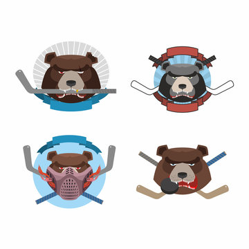 Hockey logo bear set. Muzzle animals with sticks for ice hockey