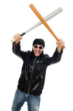 Aggressive man with baseball bat on white