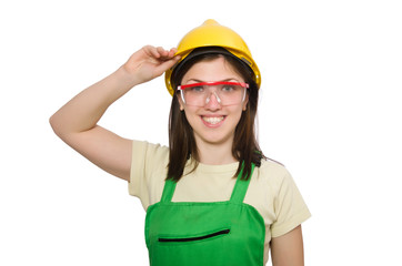 Woman wearing hard hat isolated on white
