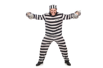 Prison inmate with dumbbells isolated on white