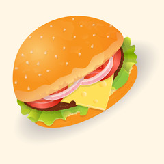 Hamburger with cheese, lettuce, tomato and beef cutlet