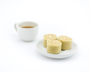 Yam roll cake on white background