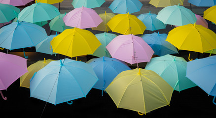 Umbrellas hanged on a lines in umbrella park