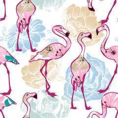 Naklejka premium Exotic seamless pattern, flowers and flamingos