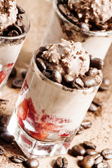 Delicious coffee and chocolate ice cream with strawberries, sele