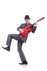 Man with guitar isolated on white