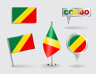 Set of Congolese pin, icon and map pointer flags. Vector
