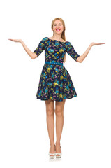 Woman in dark blue floral dress isolated on white