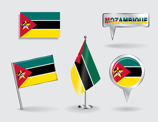 Set of Mozambique pin, icon and map pointer flags. Vector