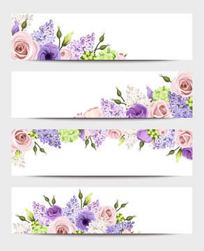 Web Banners With Pink, Purple And White Roses And Lilac Flowers. Vector.