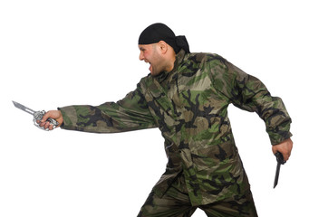 Young man in soldier uniform holding knife isolated on white