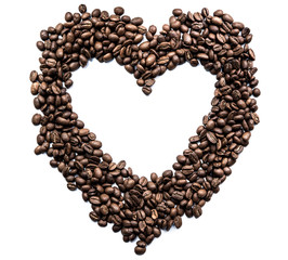 Heart of coffee beans on white background