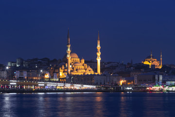 iew of the mosque of Istanbul and the Galata bridge  at night, Istanbul, Turkey