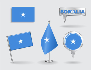 Set of Somalian pin, icon and map pointer flags. Vector