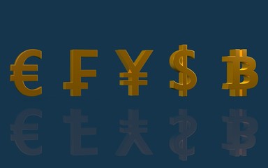 Gold Currency symbols. 3D illustration