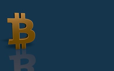Gold Bitcoin symbol on blue background with reflection.