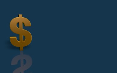 Gold Dollar symbol on blue background with reflection.
