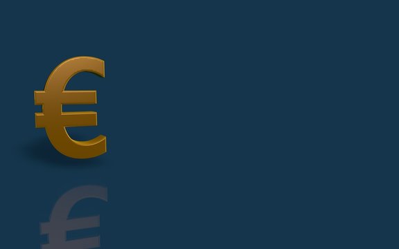 Gold Euro symbol on blue background with reflection.