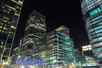 Skyscrapers of Canary Wharf by night, London, UK