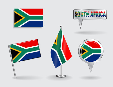 Set of South African pin, icon and map pointer flags. Vector