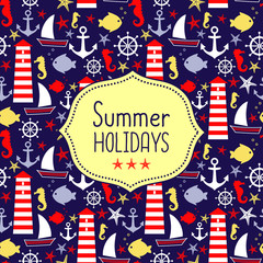 Naklejka premium Cute vector card for summer holidays. Navy vector seamless sea pattern: sailboat, lighthouse, fish, anchor, seahorse. Cute nautical background. Marine life Background Collection.