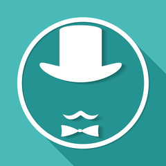 Bowler hat and moustache on white circle with a long shadow