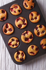 berry muffins close up in baking dish. vertical top view