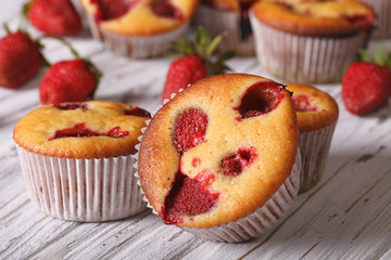 strawberry muffin macro on the table. Horizontal
