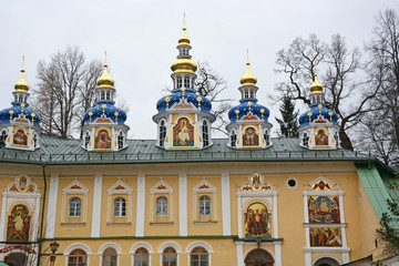 Blue chapels of the church of the Pskov-Caves Monastery, a Russian Orthodox male monastery, located in Pechory
