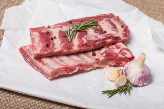 Fresh pork ribs, meat  with garlic allspice