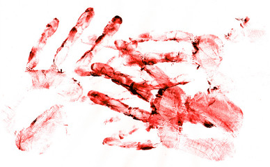 Bloody handprints on white paper