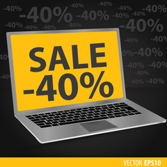 Sales of laptops. Black background with laptops with a yellow sc