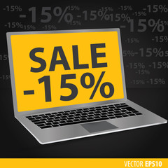 Sales of laptops. Black background with laptops with a yellow sc
