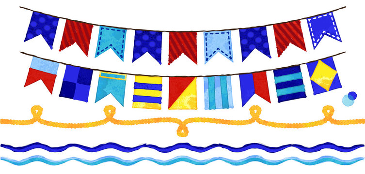 Vector Watercolor Style Nautical Rope, Waves and Bunting Flags