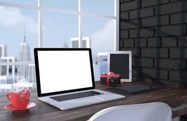 3D illustration laptopand work stuff on table near brick wall