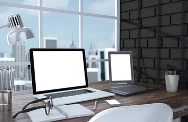 3D illustration laptopand work stuff on table near brick wall