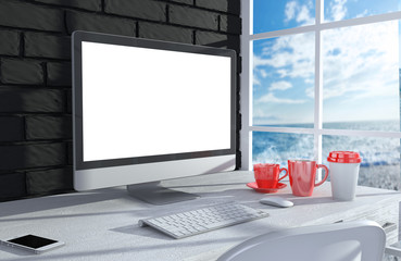 Fototapeta premium 3D illustration PC screen on table in office, Workspace