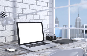 Fototapeta premium 3D illustration laptopand work stuff on table near brick wall