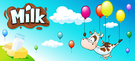 Obraz na płótnie Canvas funny design with cow, colorful balloon and milk products - horizontal banner