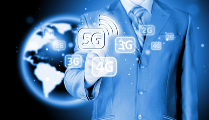 businessman holding in hand 5G, technology background