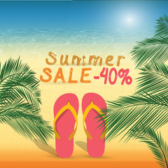 Fototapeta na wymiar Summer discount of 40 percent on the sand with summer slippers .