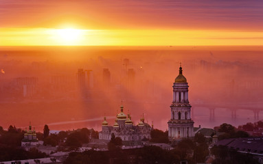 Fototapeta na wymiar Aerial view at sunrise of the Kiev-Pechersk Lavra - one of the main symbol of Kiev, Ukraine