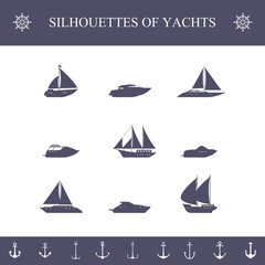 Ship sailing yachts and cruise boats silhouette icons set
