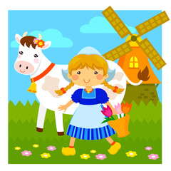 cartoon Dutch girl walking next to a cow and a windmill
