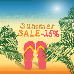 Fototapeta na wymiar Summer discount of 25 percent on the sand with summer slippers .