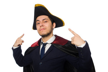 Obraz premium Young man wearing tricorn and coat isolated on white