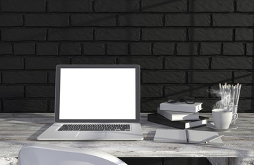 Fototapeta premium 3D illustration laptopand work stuff on table near brick wall